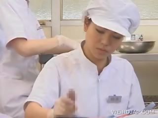 Japanilainen sairaanhoitaja työskentely karvainen akseli