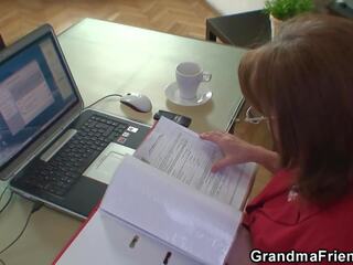 Granny and buddies teen threesome in the office