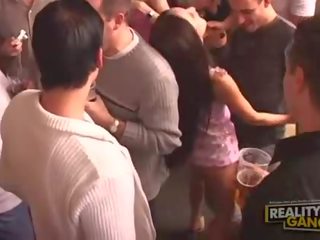 Unplanned orgy with terrific girls undressing and giving blowjob in bar